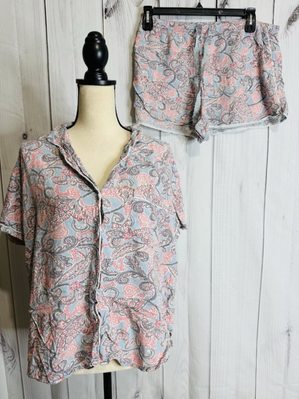 Loft Sleep Pajamas Sz Large 2-Piece Set Paisley Long Sleeve Blue Teal Lounge